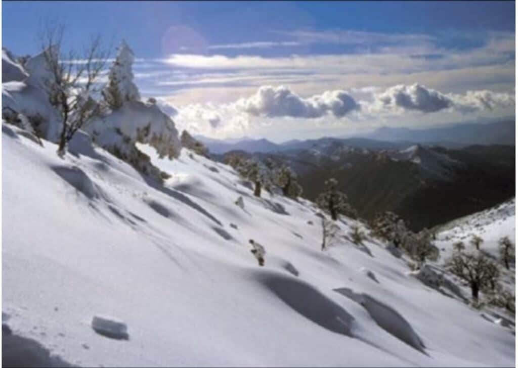 Snow in the Sierra de Las Nieves mountains. Spain in winter.