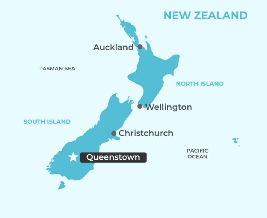 A map of New Zealand. Snowfalls in both the North Island and the South Island.