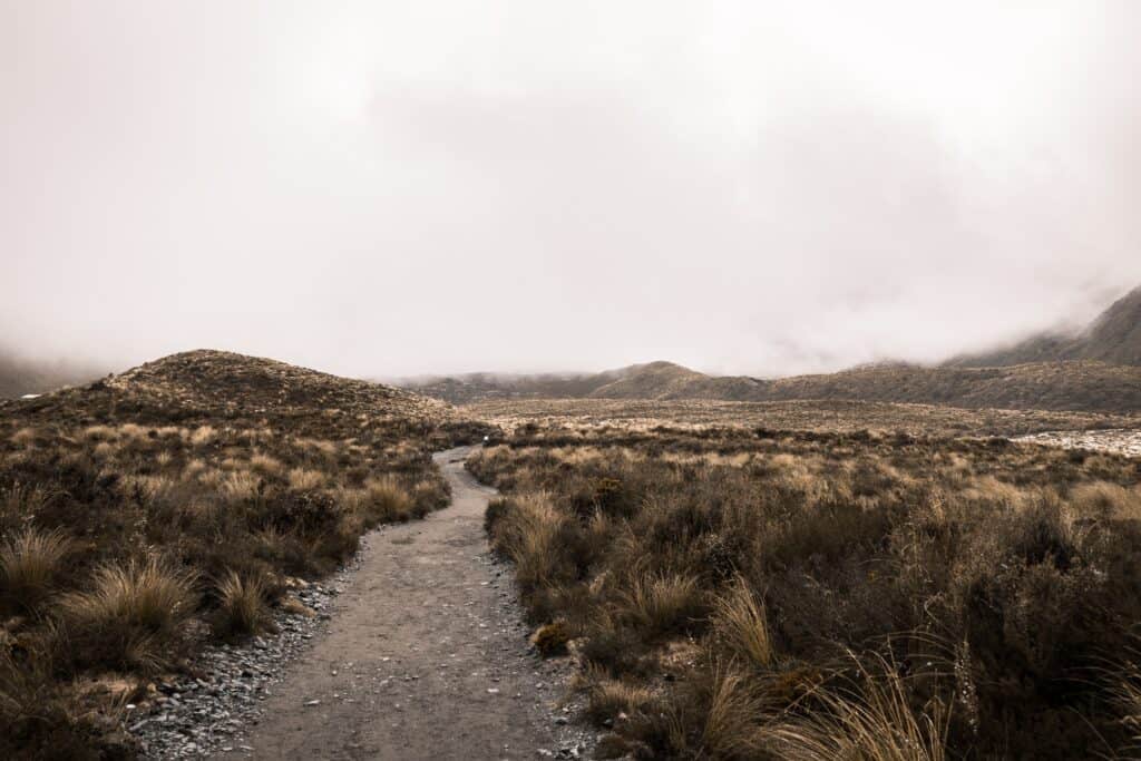 Tongariro Alpine Crossing, New Zealand. You will get snow here during New Zealand's winter months of June, July, and August.