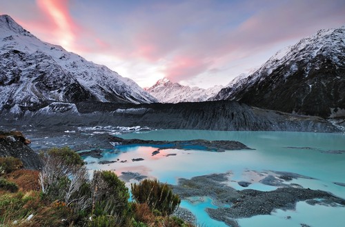 Seeing the Sunset at Mueller Glacier Aoraki Mt Cook National Par, South Island, New Zealand, is something you can do all year-round. 