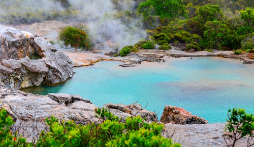 Te Puia thermal park. Rotorua town, New Zealand. Enjoy natural hot springs during May (winter) in New Zealand. Most are open all year-round. 