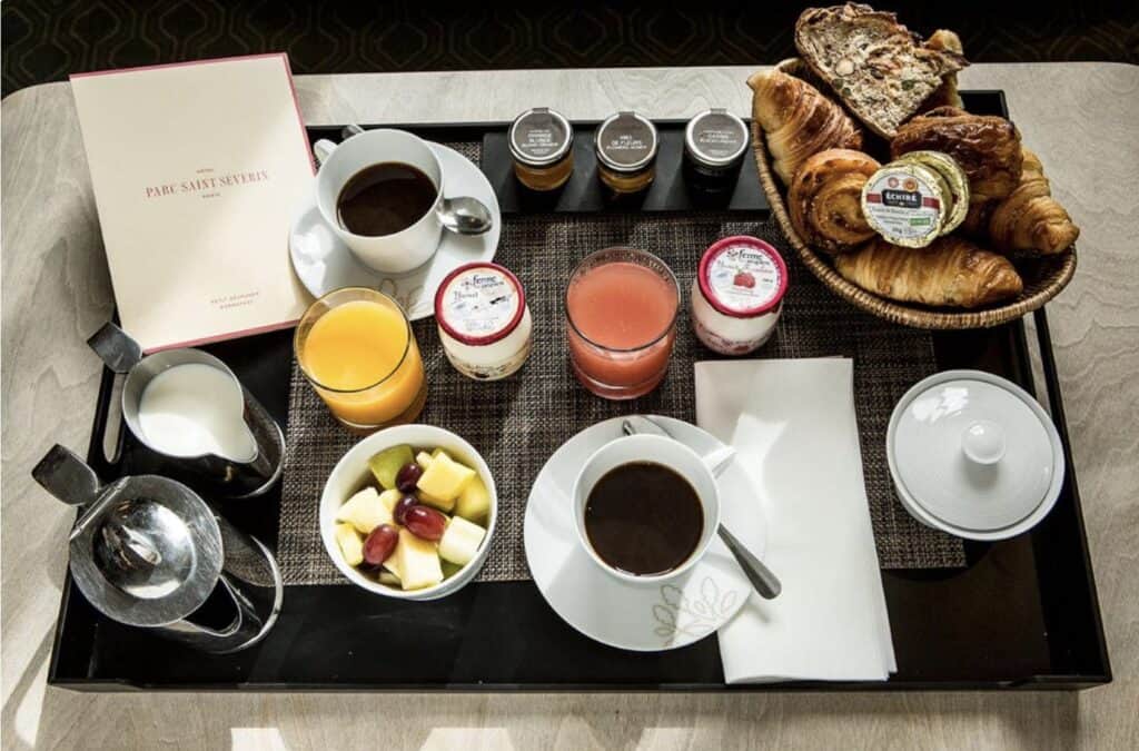 Breakfast at a luxury hotel in the Latin Quarter.