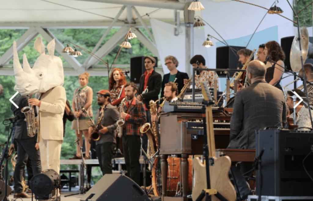 Musicians on stage at the Paris Jazz Festival in the Botanical Gardens. Paris, France.