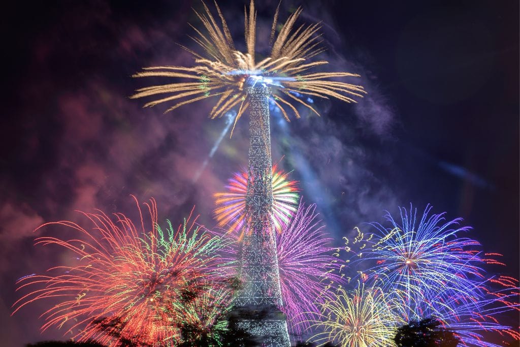 The Eiffel Tower alight with the Bastille Day Fireworks celebration on July 14th. 