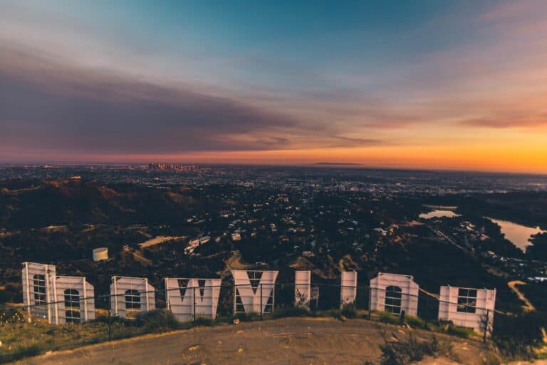 View of the Hollywood Sign from a helicopter tour in Los Angeles, California.