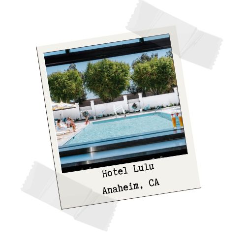 The outdoor pool at Hotel  Lulu in Anaheim, California. A great place to stay if you're visiting the nearby theme parks. 