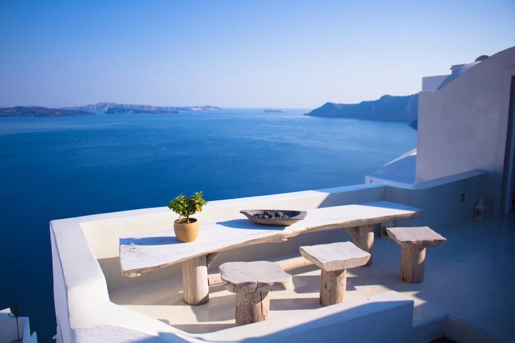 A table overlooking the water in Greece. 