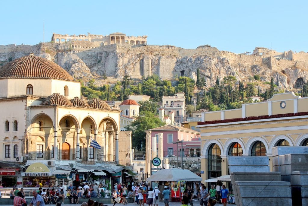A market with crowds of people in Athens, Greece.