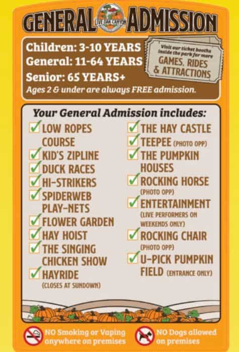 A list of rides and games at the Live Oak Pumpkin Patch.