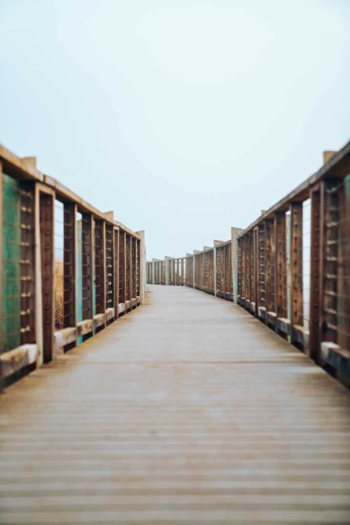 The beginning of a boardwalk with vertical wooden slates on the sides and planks of wood as the boardwalk onto a beach in Bodega Bay, California. The air is thick with fog.