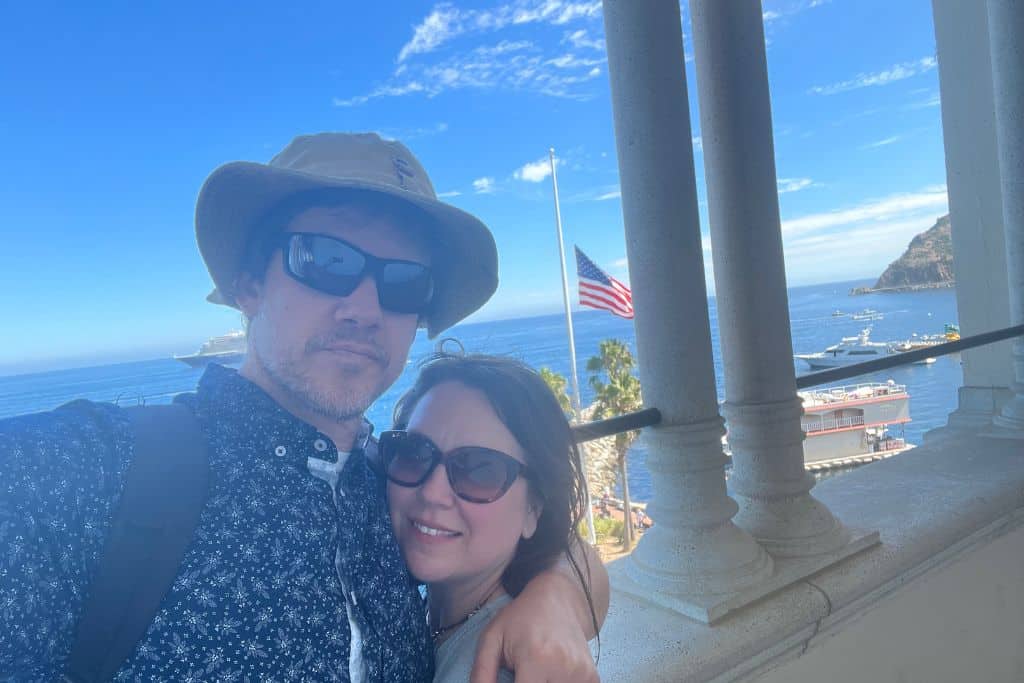 A woman and man smiling for the camera on Catalina Island.