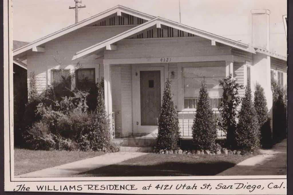 An old black and white photograph of a little white house. The childhood home of baseball Hall of Famer, Ted Williams in North Park, San Diego. 