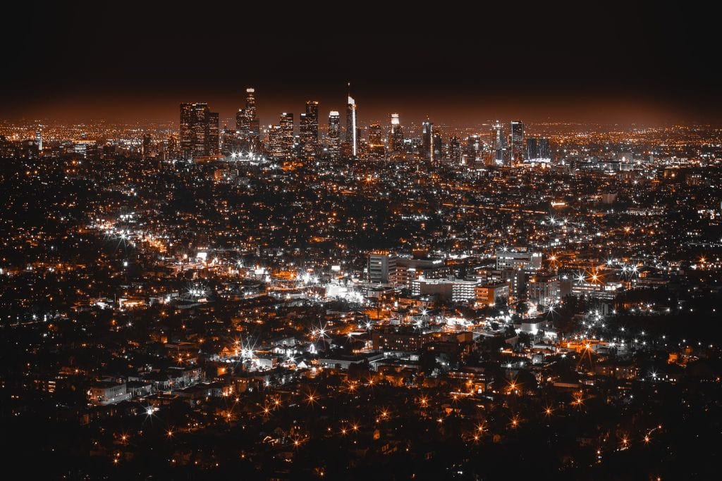 A photo of Downtown Los Angeles at night.