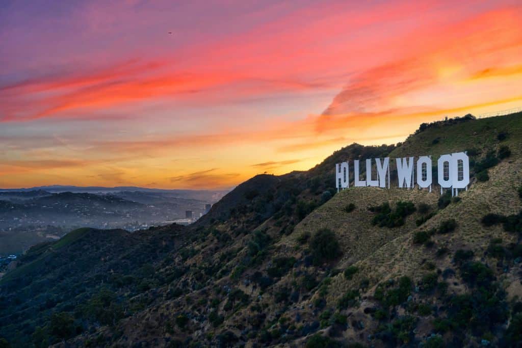 The Hollywood Sign at sunset.