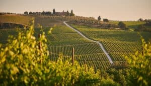 A lush, green vineyard with a winery at the top of the vineyard in Temecula, CA.