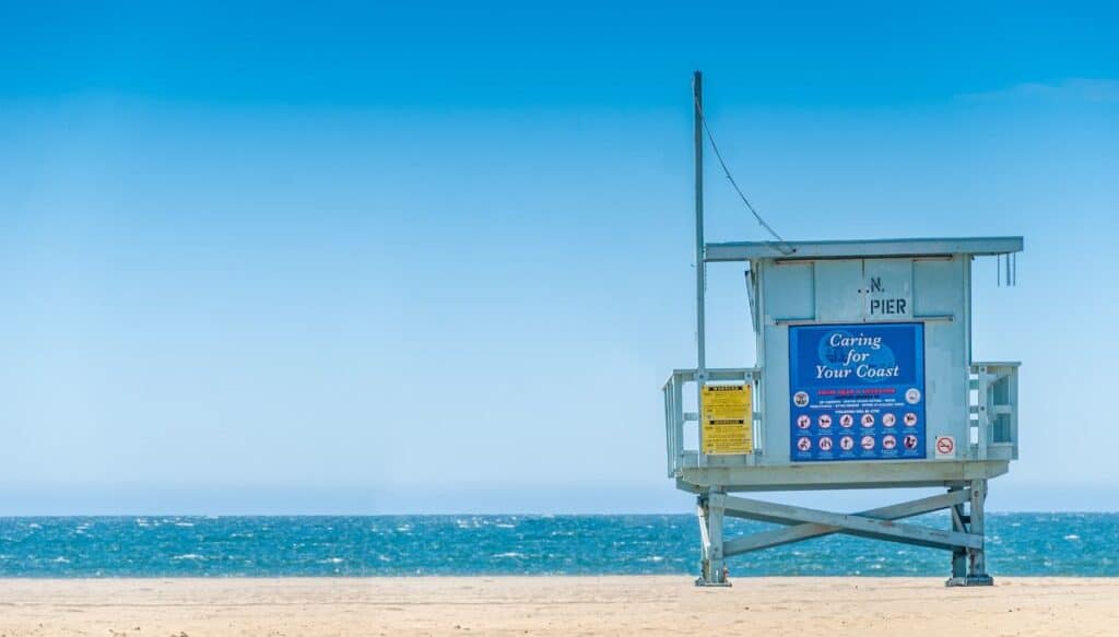 A lifeguard stand on the beach in Santa Monica.