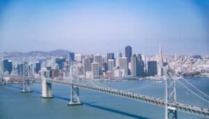The Bay Bridge and San Francisco from above.