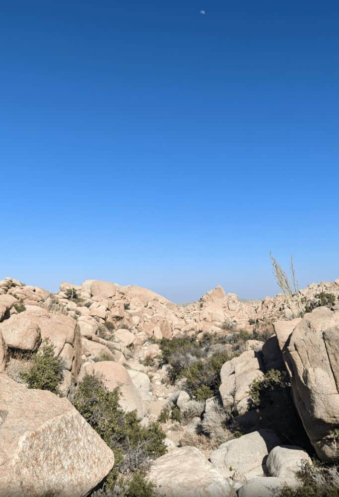 Boulders in the desert and a clear, blue sky.