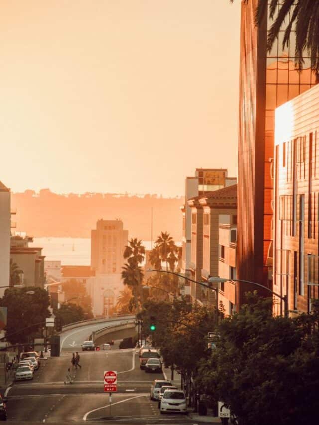A street in downtown San Diego at sunset.