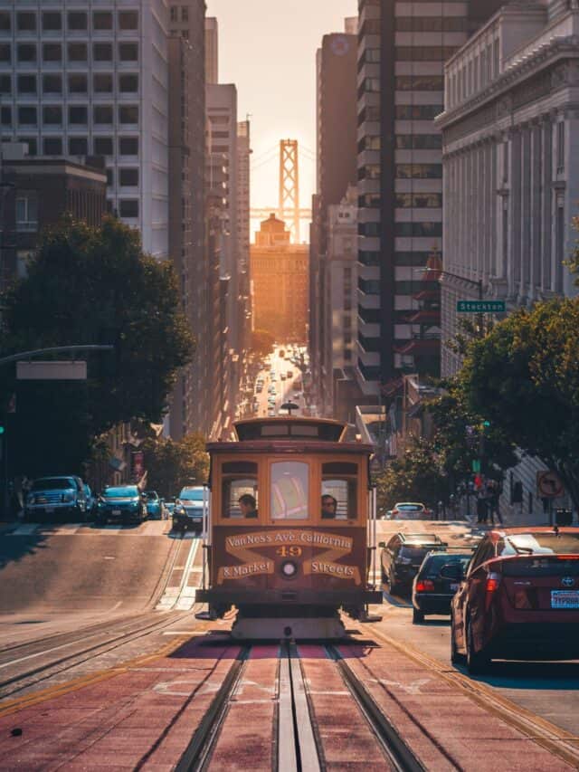 A cable car going down California Street in San Francisco, California.